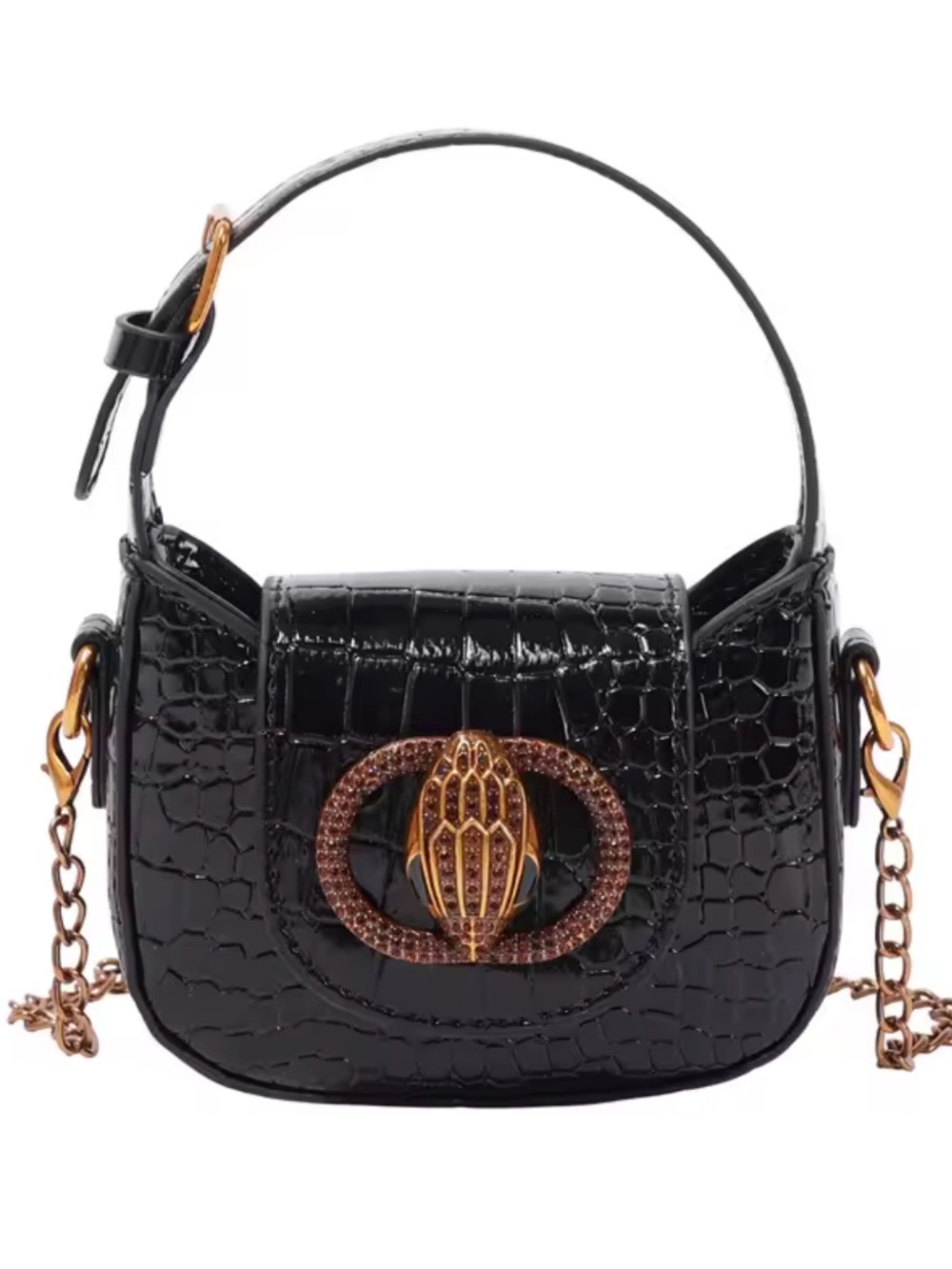 Kurt Geiger Black Croc-Embossed Mini Bag with Rose Gold Hardware